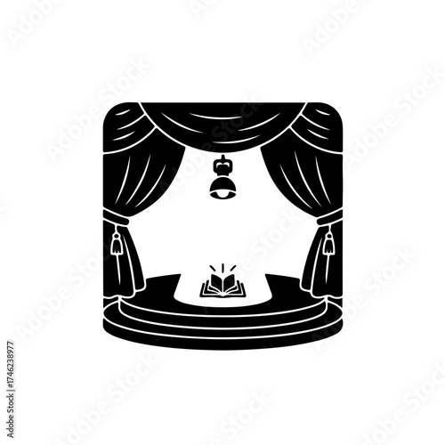 The design features a raised stage with heavy, dramatic curtains or drapes pulled wide open and hanging on the left and right sides. This image perfectly captures the sense of anticipation, drama