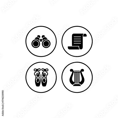 This collection includes: Opera Glasses, a Scroll or Script, Pointe Shoes, and a Lyre. These high-contrast graphics are perfect for programs, posters, educational materials, or celebrating