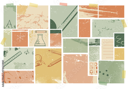 Collage with science motifs  paper textures in muted colors taped to a surface creating an academic or artistic display