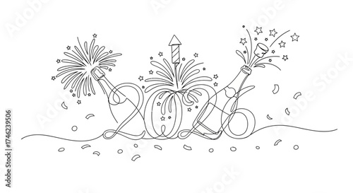 Elegant single line drawing of the year 2016 with popping champagne bottles and festive fireworks celebrating a new beginning