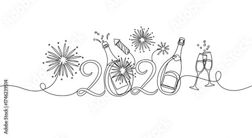 Continuous single line drawing of the year 2020, celebrating the New Year with popping champagne bottles, fireworks, and toasting flutes