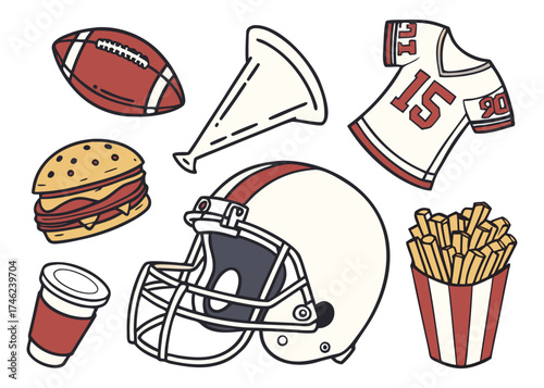 Realistic American Football Game Day Set – Helmet, Jersey, Snacks, and Fan Gear Isolated on White. Hand-Drawn American Football Game Day Icons – Food, Gear, and Fan Items Set.
