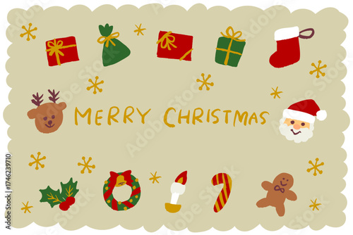 手描き風のサンタクロースやトナカイ、雪だるまやプレゼントなどが描かれた楽しいクリスマスイラストセット