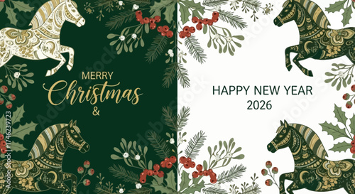 Elegant Christmas and New Year 2026 Greetings with Decorative Horses and Festive Greenery