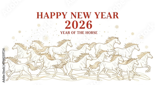 Happy New Year 2026 Year of the Horse Greeting Card Illustration with Golden Horses Running Freely