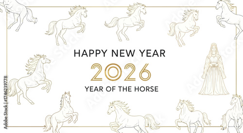 Elegant golden line art illustration celebrating the Happy New Year 2026, featuring graceful horses and symbolic elements for the auspicious Year of the Horse