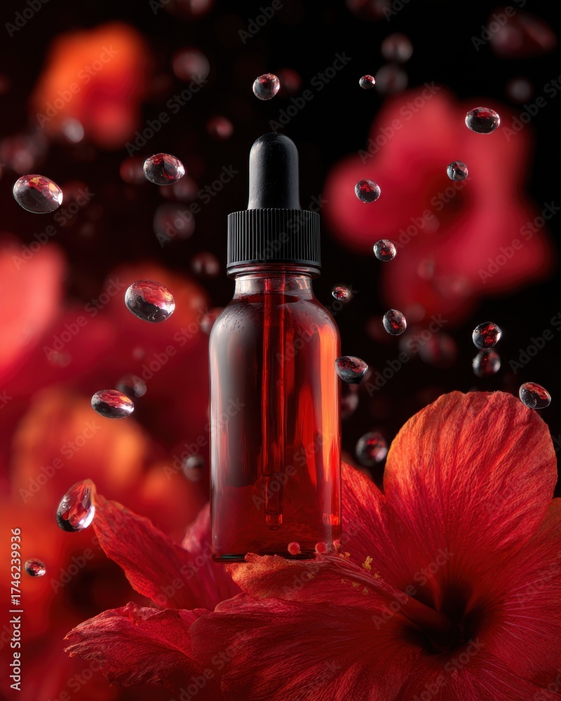 Naklejka premium Serene Serum Bottle Surrounded by Radiant Hibiscus Petals in Drops
