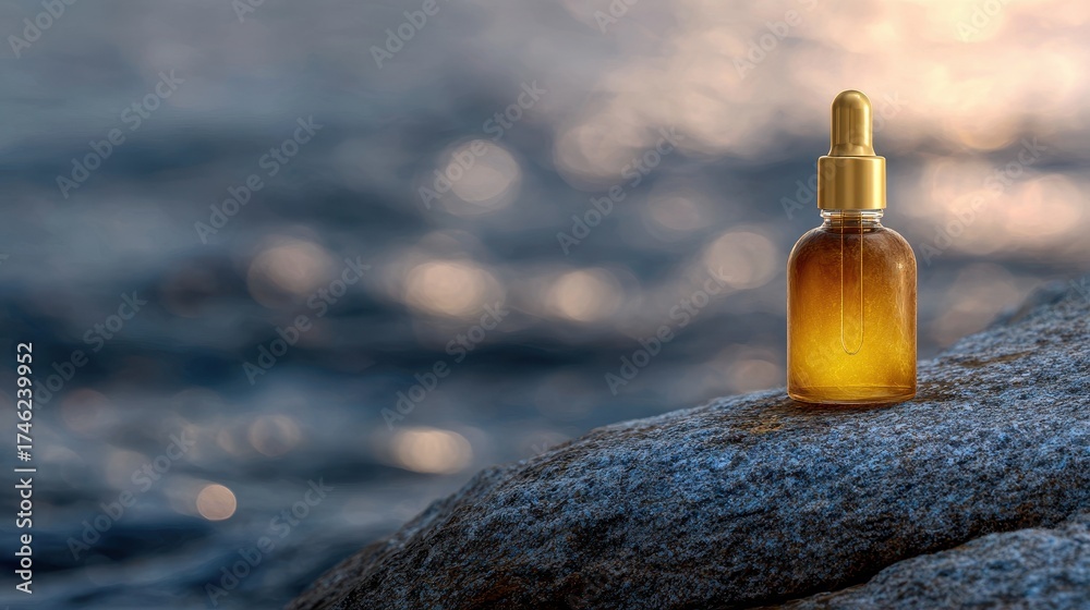 Obraz premium Golden Cap Serum Bottle on Stone Reef with Water Background