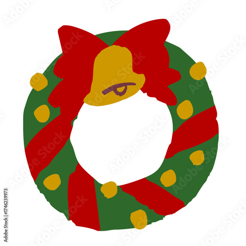 赤いリボンと金のベルがついたクリスマスリースの手描き風ベクターイラスト, 冬のデコレーションやカードデザインにぴったり
