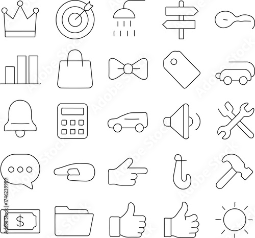A minimalist array of outlined icons presents a versatile collection of design elements, with a focus on simplicity and clear communication.