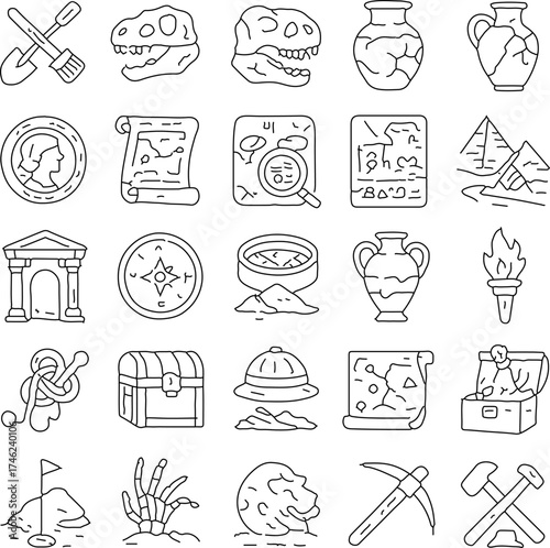 An assortment of illustrated archaeological artifacts and tools meticulously arranged in a flat design. A visual representation of the fascinating world of archeology, perfect for educational.