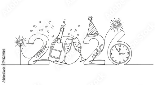 New Year's Eve Celebration Illustration with Champagne and Party Hat for 2026