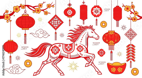 Chinese New Year Decorations Horse, Lanterns, Ornaments, Blossoms, Coins, Clouds, and Traditions