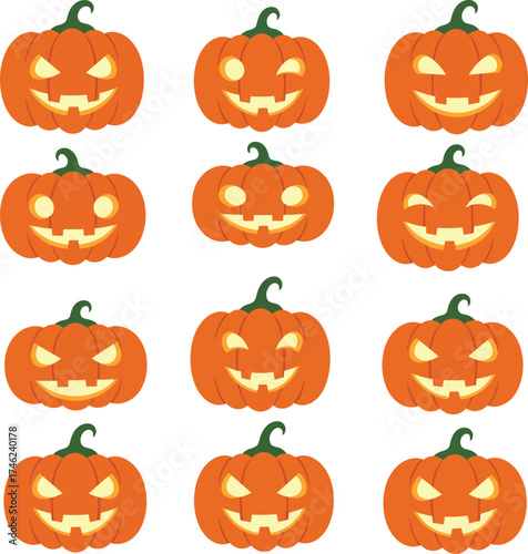Collection of spooky jack-o'-lanterns for halloween celebrations and decorations isolated on transparent background