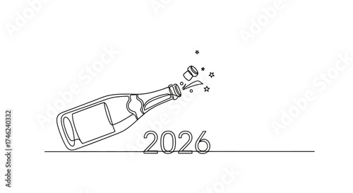 Continuous line drawing of a champagne bottle with popping cork and sparkling splashes, celebrating 2026, symbolizing fresh starts and festive joy ahead