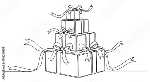 Continuous line drawing of stacked gift boxes with ribbons, perfect for holiday designs, white background