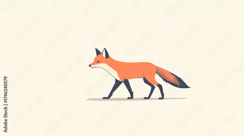 Obraz premium Red fox walking, minimalist style, pale background, animation, children's book