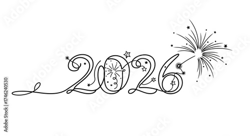 Elegant 2026 New Year Line Art with Fireworks, Vector Graphic Illustration