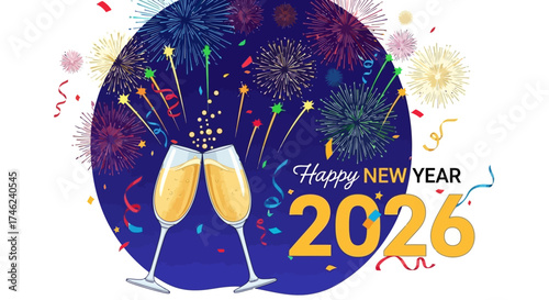 Celebrating the arrival of the year 2026 with a festive champagne toast and a vibrant fireworks display in the background