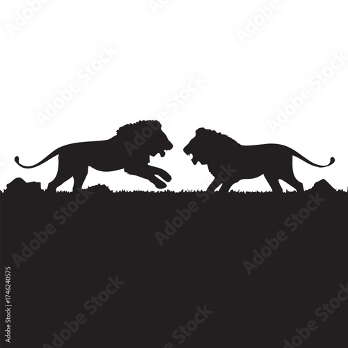 Two Lions Fighting Silhouette on Grass – Wildlife Vector Illustration