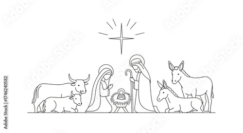 Minimalist line art illustration of the Nativity scene with Jesus, Mary, Joseph, and animals, white background