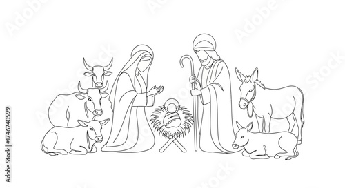 Nativity Scene A Simple Line Art Illustration of Holy Family with Animals