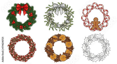 A festive collection of six illustrated Christmas wreaths featuring traditional and unique holiday decorations like candy canes and dried fruit