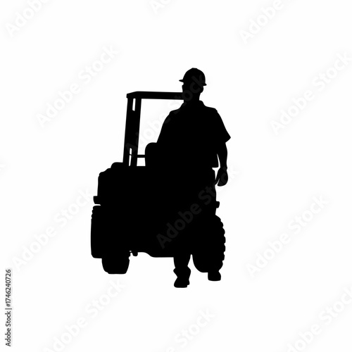 Silhouette of heavy vehicle operator parking loader at end of shift isolated on white background