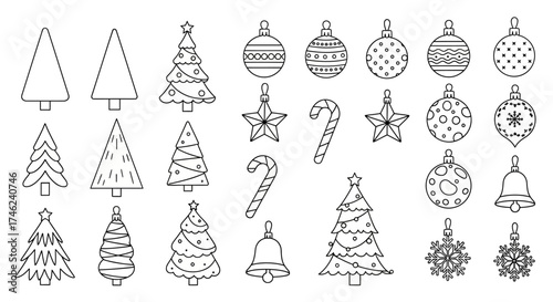 Festive Christmas Outline Icons Trees, Ornaments, and Holiday Cheer