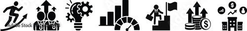 Business growth, innovation, and success icon set. Linear and silhouette style.Vector icon set depicting financial growth concepts with hand illustrations, graphs, and monetary symbols for business 