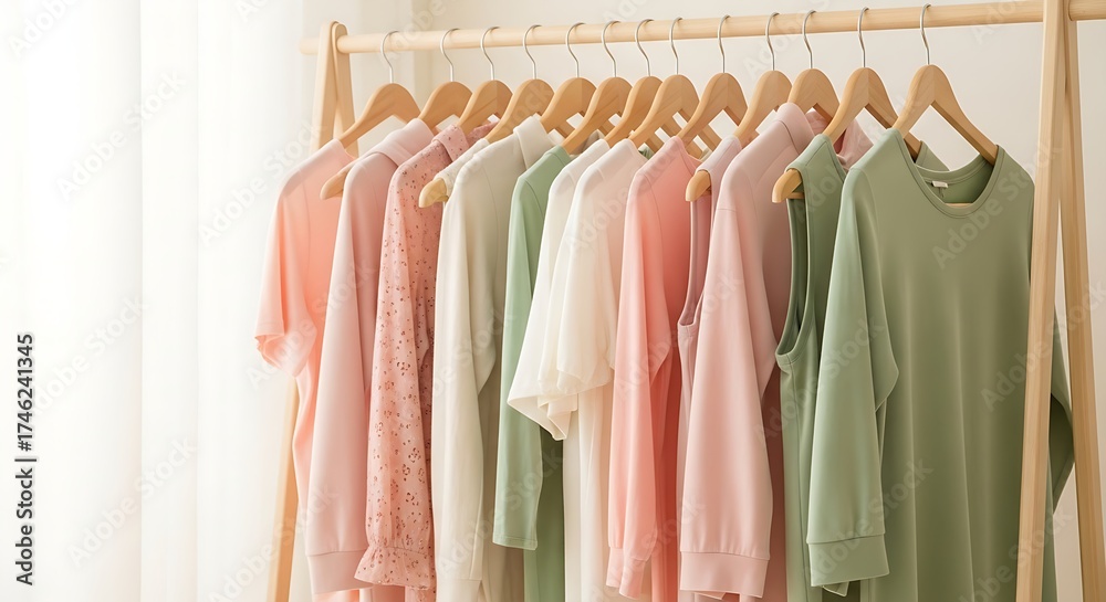 Obraz premium Pastel-Colored Clothing Displayed on Wooden Rack with Soft Natural Lighting