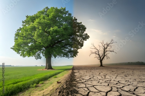 Contrasting landscapes show climate change impact today on transparent background