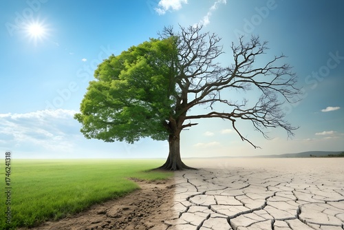Half dead half alive tree in a field under blue sky on transparent background