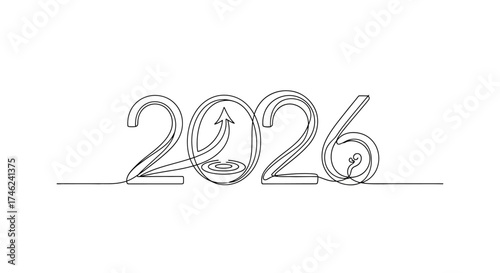 Minimalist single line drawing representing the year 2026, featuring a dynamic upward arrow design that signifies business growth, successful future plans, and onward development