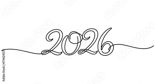 Handwritten calligraphic number 2026 drawn in a continuous single line style. Minimalist vector art for New Year's greetings and celebrations