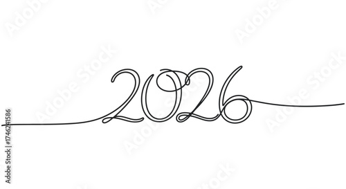 Continuous one line drawing of the year 2026. Minimalist handwritten script for a New Year celebration card or banner