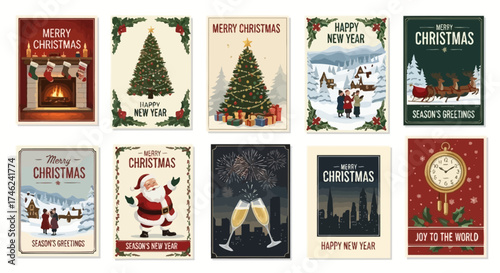 A beautifully curated set of retro holiday greeting cards celebrating Christmas and the New Year with classic festive imagery