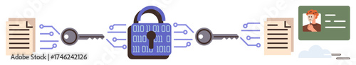 Binary-coded padlock, two data files, encryption keys, and ID card representation. Ideal for security, encryption, privacy, authentication technology data transfer identity. Simple flat metaphor