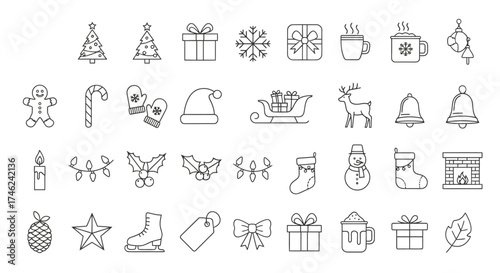 A vector illustration featuring festive Christmas and winter holiday outline icons, white background