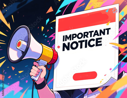 Colorful animation-style illustration of an important notice with megaphone and web alert banner, designed for digital communication templates and urgent announcement visuals.
