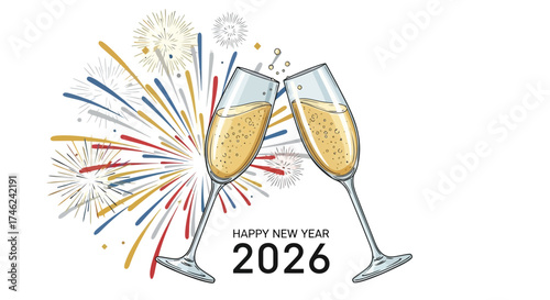 A festive vector illustration celebrating the New Year 2026 with clinking champagne glasses and colorful fireworks on a white background