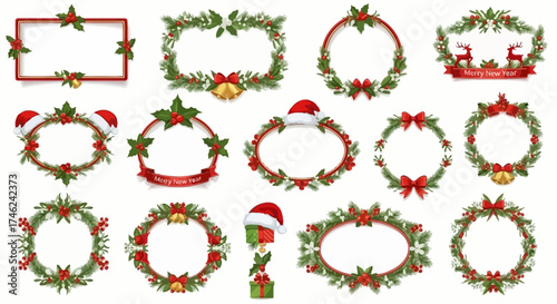 Christmas Frames and Wreaths Vector Set with Holly, Berries, and Ornaments