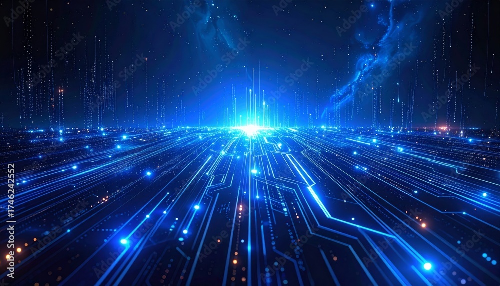 Obraz premium Bright, futuristic blue background with an abstract burst of glowing energy and technology stars