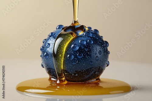 Golden Honey Dripping on Glossy Blue Fruit Macro Photography.