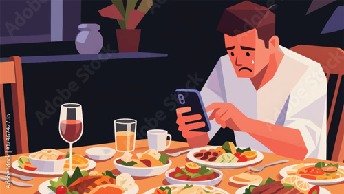 Illustration Of A Man Sitting At A Table With Lots Of Food, Holding A Cellphone With A Worried And Hungry Expression Vector Design Template