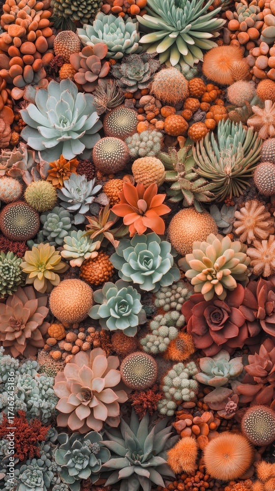 Fototapeta premium Diverse collection of succulents in earthy tones, displaying varied textures and shapes.
