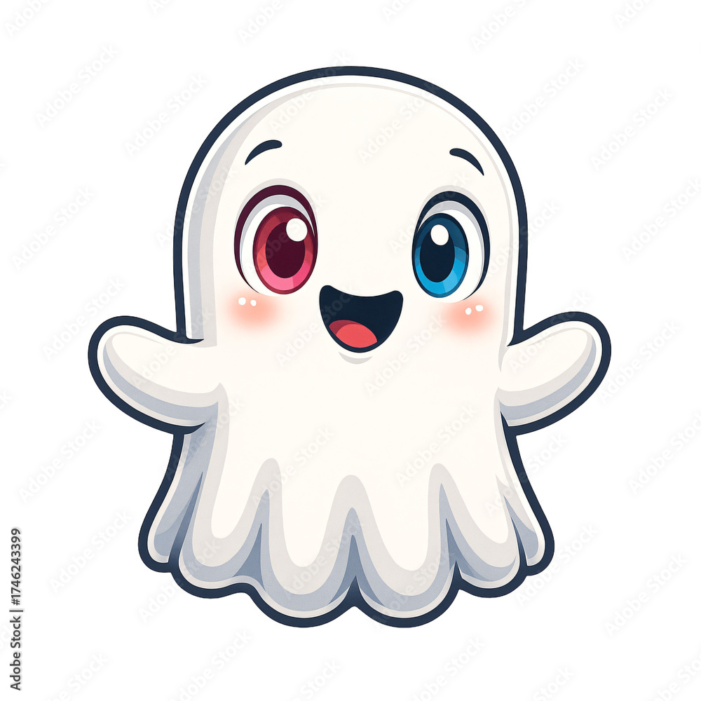 Fototapeta premium Adorable Kawaii Ghost Design: Whimsical, Cheerful Cartoon on White Background