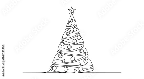 One line drawing of a decorated Christmas tree for holidays, white background