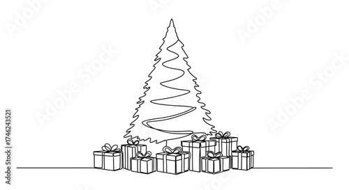 Continuous line drawing of a Christmas tree with gifts, perfect for minimal holiday designs, white background
