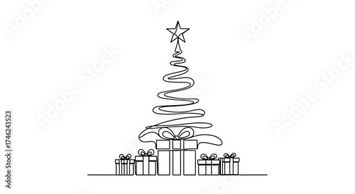 Continuous line drawing of a Christmas tree with gifts, perfect for minimal holiday designs, white background